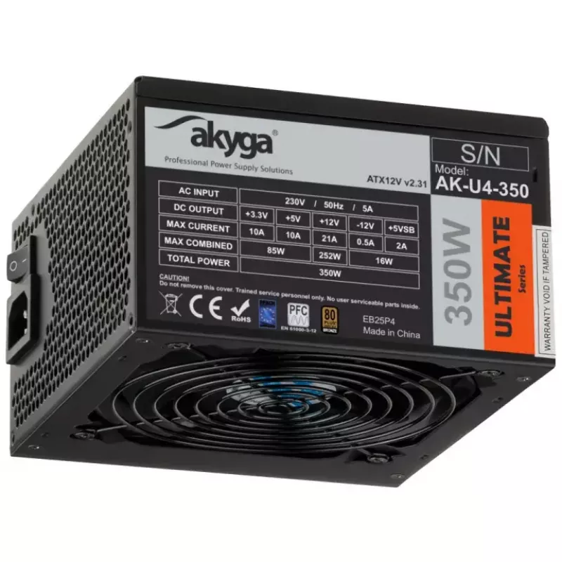 Fuente de alimentación ATX Akyga AK-U4-350 Ultimate 350 W, 80 PLUS Bronze, PFC activo, ventilador de 120 mm