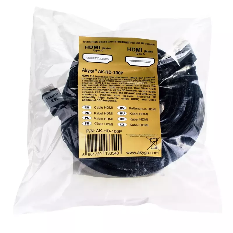 Cable HDMI 2.0 Akyga AK-HD-100P, trenzado, serie PRO, 10 m, negro