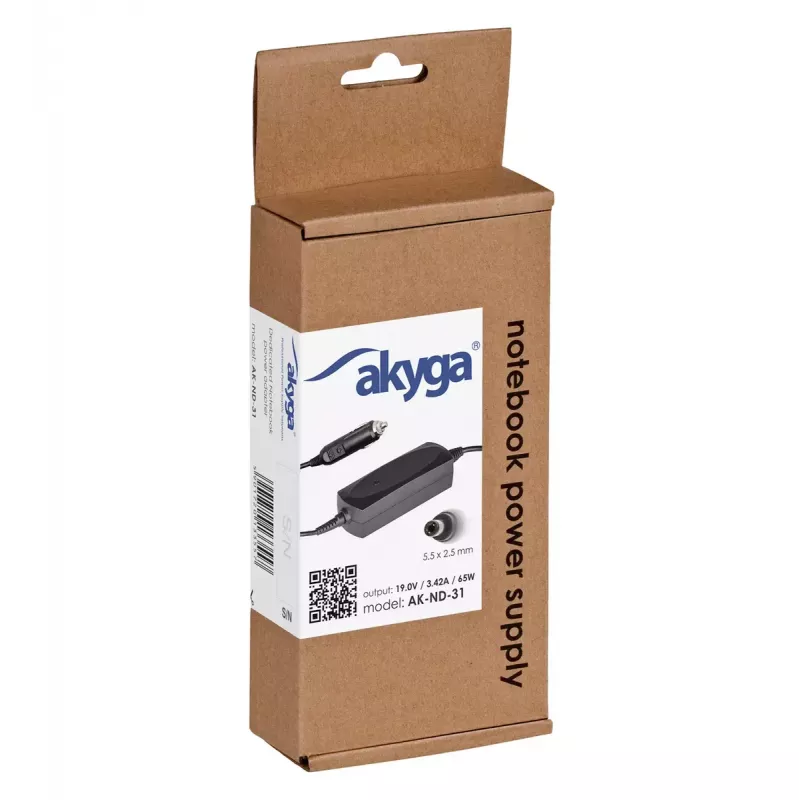Fuente de alimentación para portátil de coche Akyga AK-ND-31 para Asus / Toshiba, 65 W, 19 V / 3,42 A, 5,5 x 2,5 mm, entrada 12 V