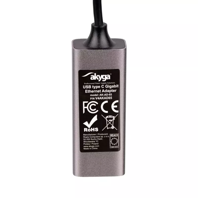 Adaptador USB-C a Gigabit Ethernet Akyga AK-AD-65, RJ45, 15 cm, plateado