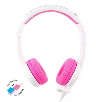 Auriculares con diadema con cable BuddyPhones School+ para llamadas y música, 20–20000 Hz, cable de 1,4 m, rosa/blanco