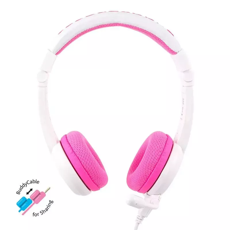 Auriculares con diadema con cable BuddyPhones School+ para llamadas y música, 20–20000 Hz, cable de 1,4 m, rosa/blanco