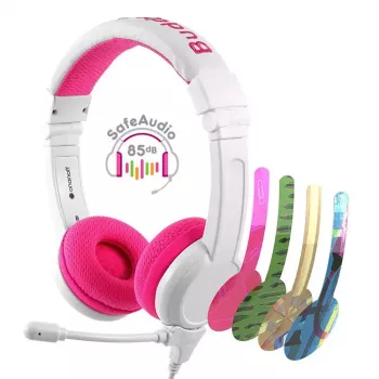 Auriculares con diadema con cable BuddyPhones School+ para llamadas y música, 20–20000 Hz, cable de 1,4 m, rosa/blanco