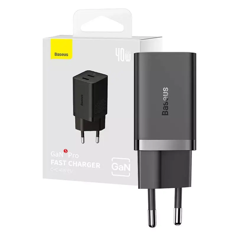 Cargador de pared Baseus GaN5 40 W, 2x USB-C (negro)