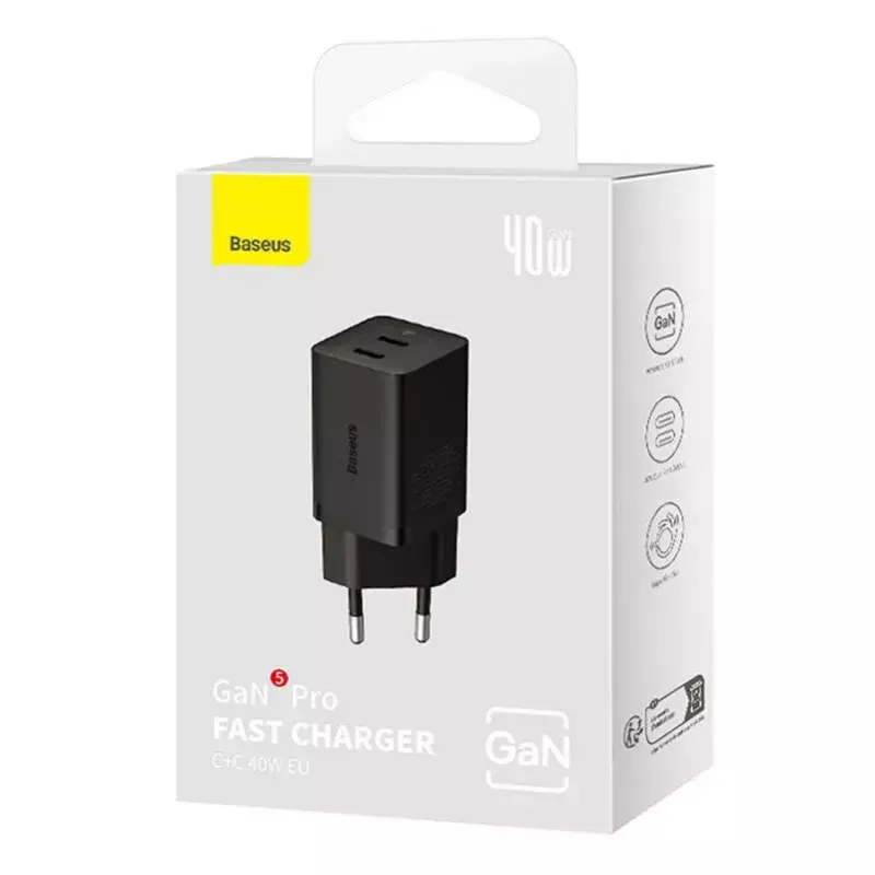 Cargador de pared Baseus GaN5 40 W, 2x USB-C (negro)
