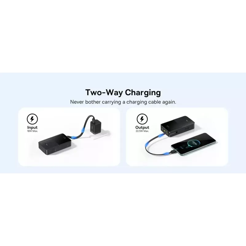 Batería externa Baseus EnerFill Bipow2 Pro – 20000 mAh, PD 3.0 y QC 3.0, 22,5 W, 1×USB-A + 1×USB-C, negro, hasta 3 dispositivos