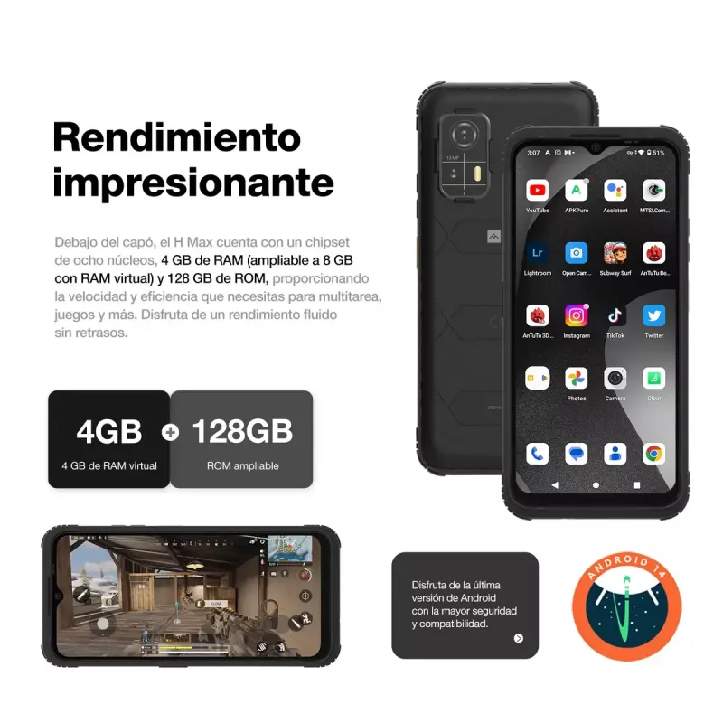 Smartphone AGM H Max — pantalla de 16,7 cm (6,56 pulgadas), Android 14, 4 GB RAM, 256 GB, Dual SIM, 10000 mAh, IP68, negro