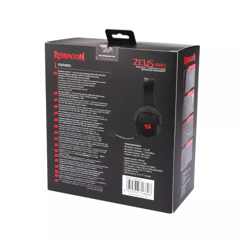 Auriculares de diadema Bluetooth con cable REDRAGON H510 Zeus Pro RGB – 20–20000 Hz, cable de 1,8 m, negro