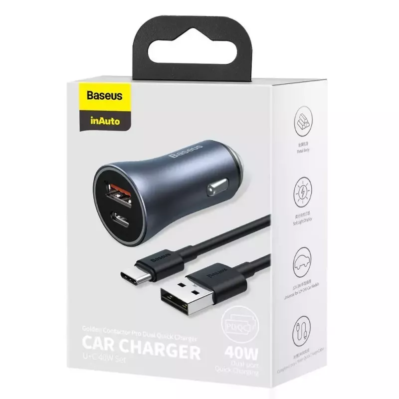 Cargador de coche Baseus TZCCJD-0G 40W gris oscuro — fuente de alimentación USB para vehículo, salida 40W