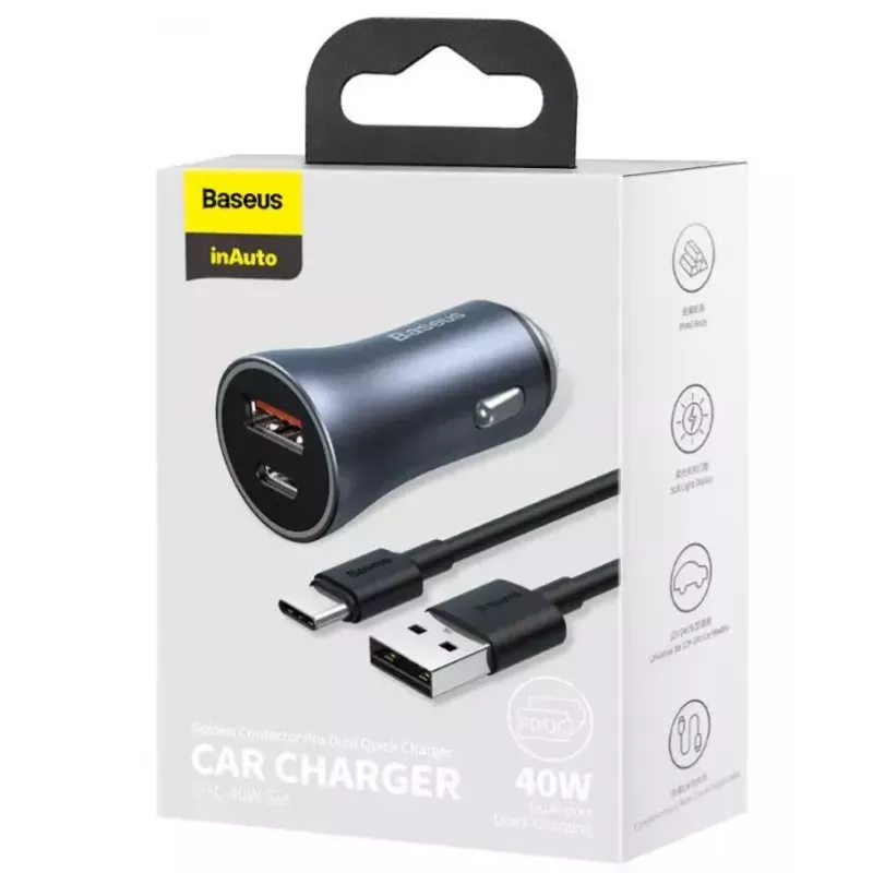 Cargador de coche Baseus TZCCJD-0G 40W gris oscuro — fuente de alimentación USB para vehículo, salida 40W
