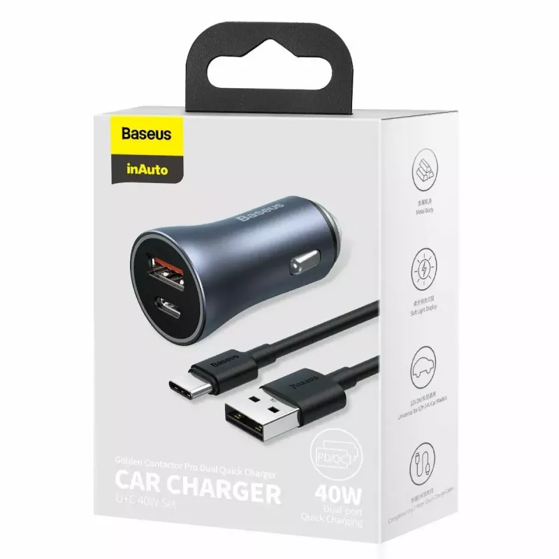 Cargador de coche Baseus TZCCJD-0G 40W gris oscuro — fuente de alimentación USB para vehículo, salida 40W