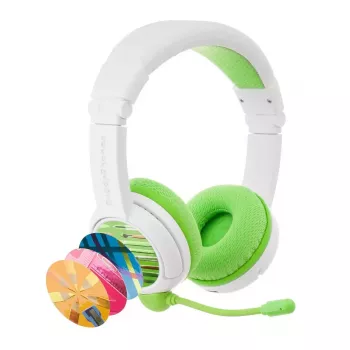BuddyPhones School+ — con cable e inalámbrico Bluetooth, USB-C, circumaurales, 20–20000 Hz, 147 g, verde/blanco