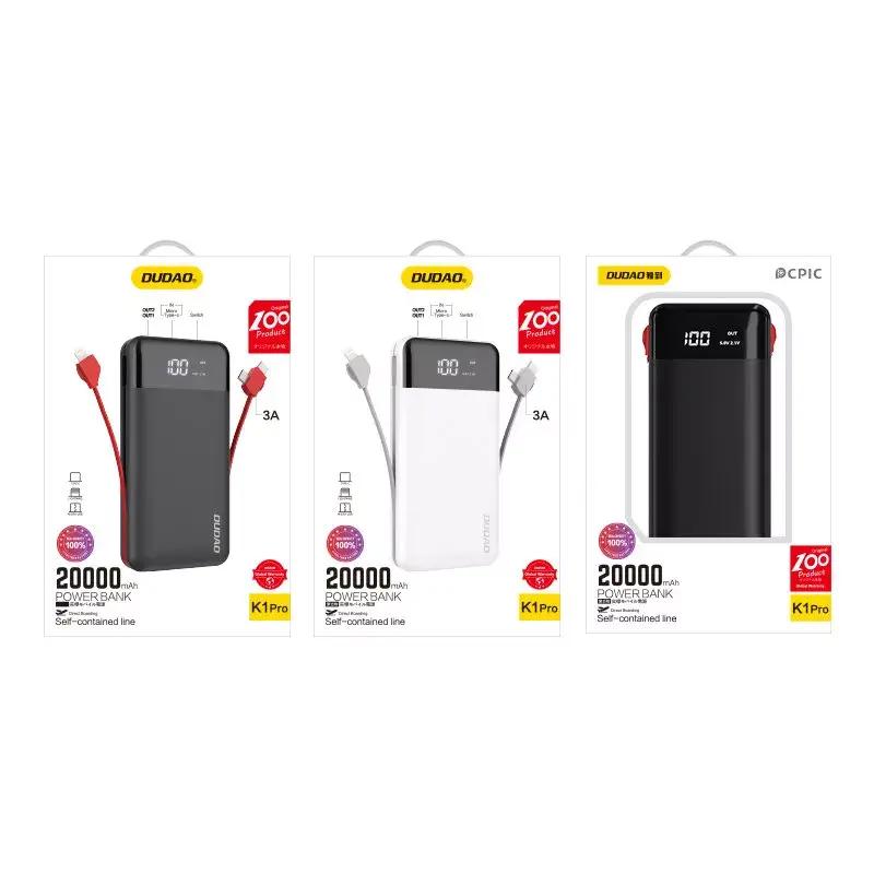 Batería externa Dudao K1Pro 20000 mAh 15 W con 4 cables integrados, negra