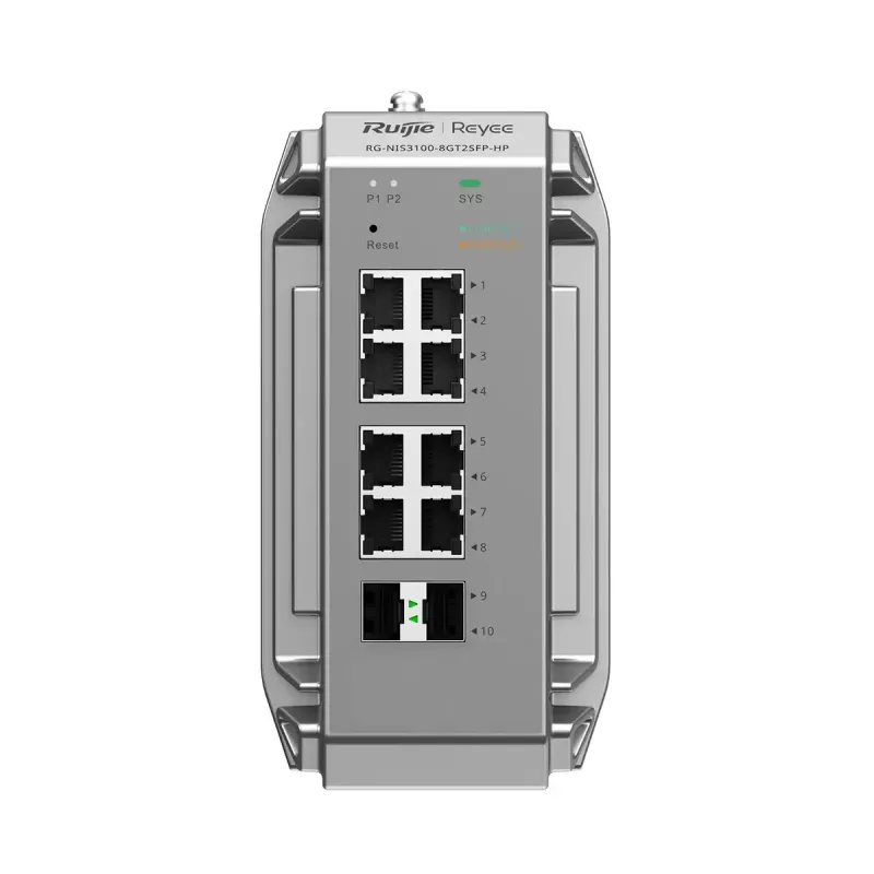 Switch de red gestionado L2 Ruijie RG-NIS3100-8GT2SFP-HP — 8× Gigabit RJ-45, 2× SFP, PoE, 12–56V DC, 20 Gbit/s, 8000 MAC, gris
