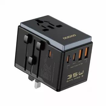 Adaptador de viaje Dudao A35Pro 35W con 3× USB-C y 2× USB-A, multi-enchufe EU/UK/AUS/US/JP – negro