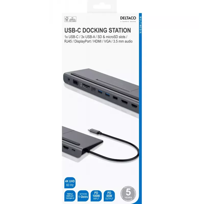 Dock para portátil Deltaco USBC-DOCK2 con cable USB 3.2 Gen 1 Type-C gris