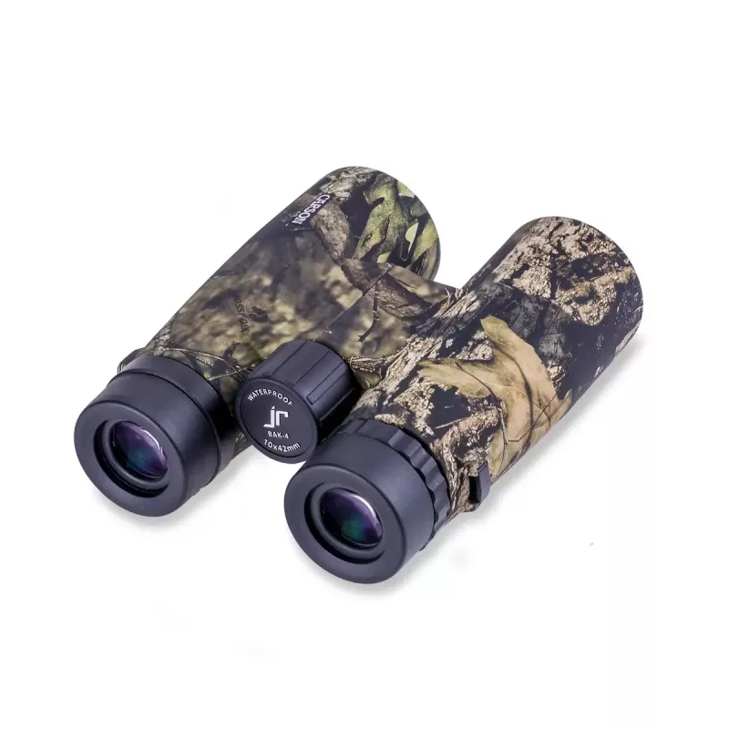 Prismáticos Carson JR 10x42 BAK-4 de tejado, diseño compacto camuflaje, 127×50,8×160 mm
