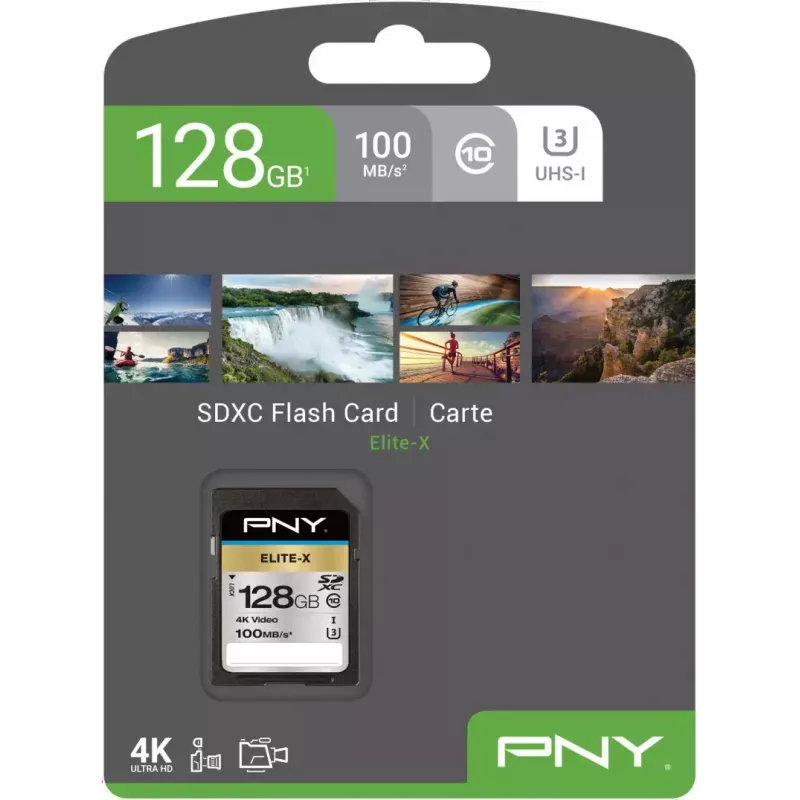 Tarjeta de memoria SDXC PNY Elite-X 128 GB, UHS-I, Class 10, U3, 100 MB/s lectura