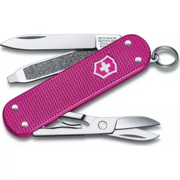 Navaja Victorinox Classic SD Alox Flamino Party roja — multiusos compacta con hoja, tijeras, lima de uñas, destornillador, llavero