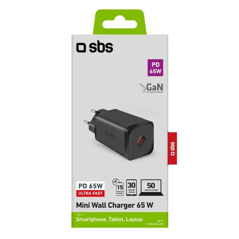 Cargador de móvil SBS para interiores TETRGAN1C65W – 100–240V, 1x USB-C, negro, para smartphone tablet portátil smartwatch auriculares