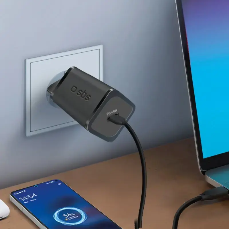 Cargador de móvil SBS para interiores TETRGAN1C65W – 100–240V, 1x USB-C, negro, para smartphone tablet portátil smartwatch auriculares