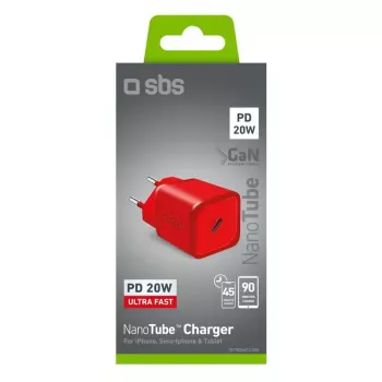 Cargador SBS Mobile TETRGAN1C20R — 20W USB‑C cargador de interior para smartphone, tablet, smartwatch, auriculares (rojo)
