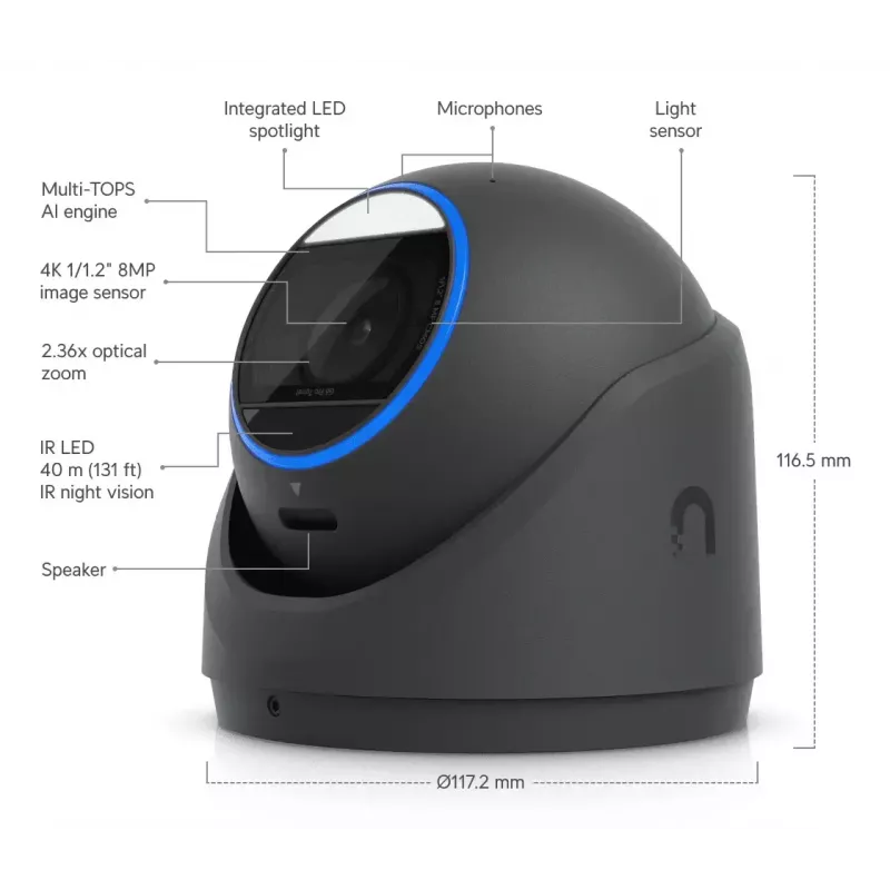 Cámara de seguridad IP UBIQUITI UVC-G6-Pro-Turret-B – 3840×2160, CMOS de 1/1,2″, zoom óptico 2,36×, PoE+, montaje en techo/pared, interior/exterior