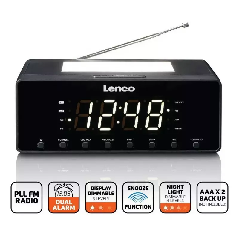 Radio reloj Lenco CR540BK – despertador FM, pantalla LED de 1,2 pulgadas, luz nocturna regulable, función de carga USB, altavoces estéreo