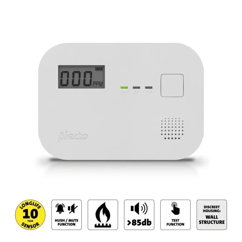 Detector de monóxido de carbono Alecto COA3910 — sensor CO electroquímico, a pilas, blanco, 110×78×37 mm