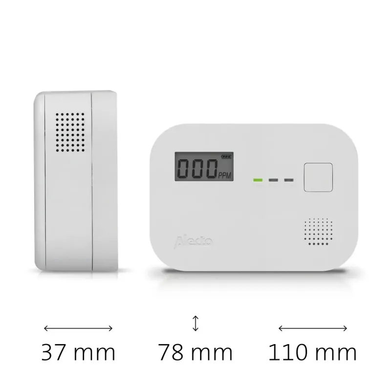 Detector de monóxido de carbono Alecto COA3910 — sensor CO electroquímico, a pilas, blanco, 110×78×37 mm