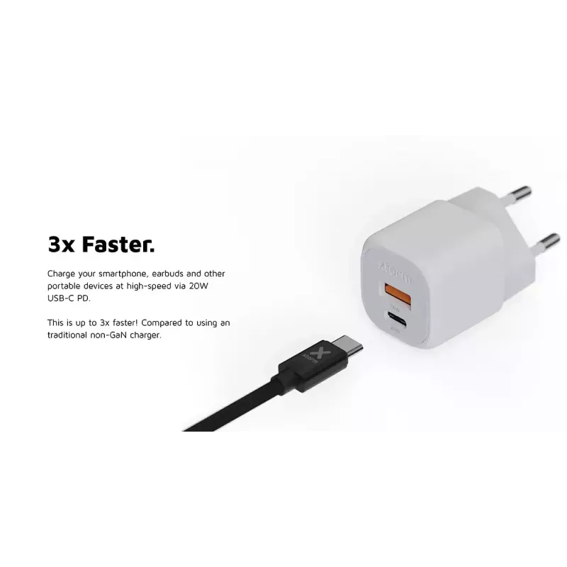Cargador de pared Xtorm 20W GaN² Ultra — 20 W, USB-C, para interior, blanco