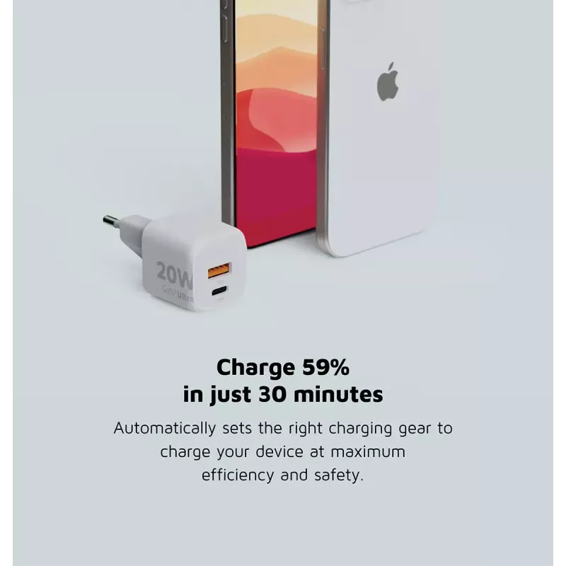 Cargador de pared Xtorm 20W GaN² Ultra — 20 W, USB-C, para interior, blanco