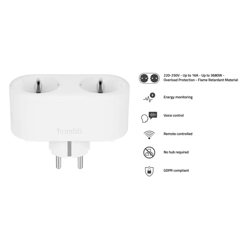 Enchufe inteligente Avanca International BV Hombli Smart Socket Duo EU — Wi‑Fi, 220–250 V, 50–60 Hz, 3540 W, interior, blanco