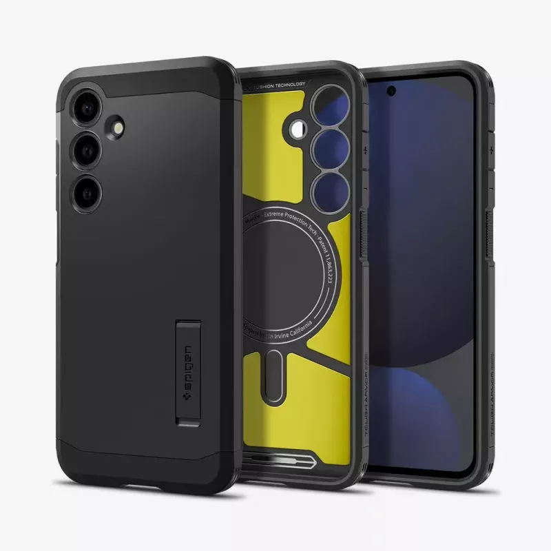 Funda Spigen Tough Armor Galaxy S24 FE negra con soporte de sobremesa