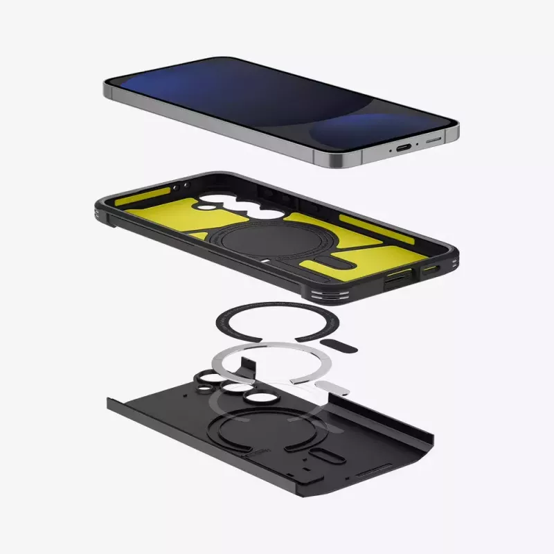 Funda Spigen Tough Armor Galaxy S24 FE negra con soporte de sobremesa