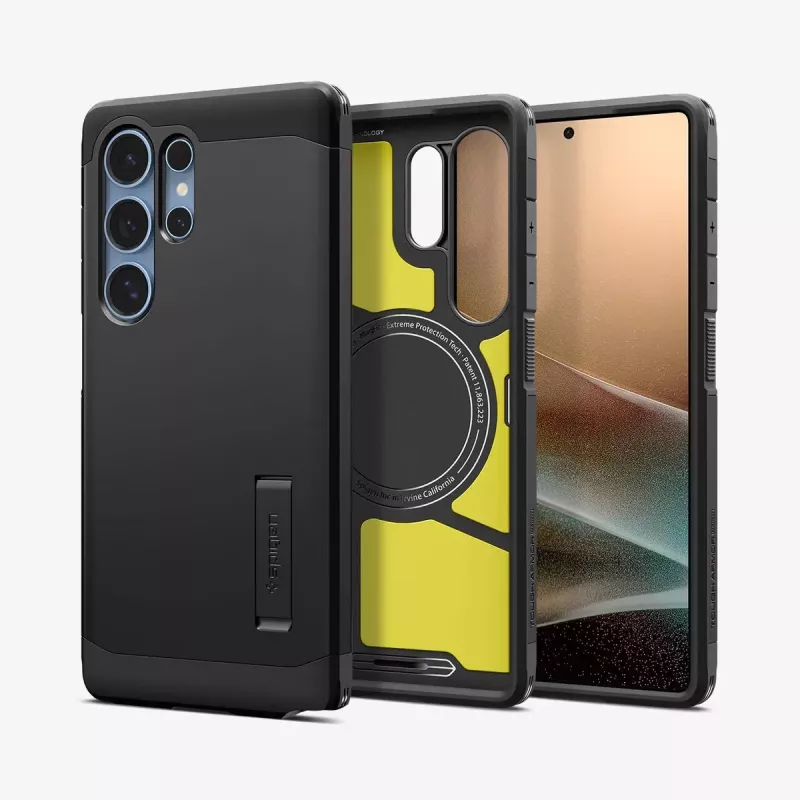 Funda Spigen Galaxy S25 Ultra Tough Armor AI negra con soporte de sobremesa