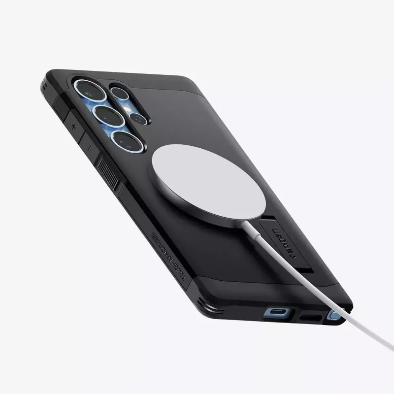 Funda Spigen Galaxy S25 Ultra Tough Armor AI negra con soporte de sobremesa