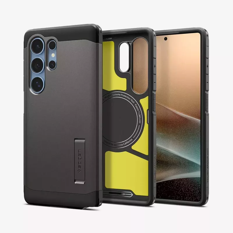 Funda Spigen Galaxy S25 Ultra Tough Armor AI gunmetal monocromático