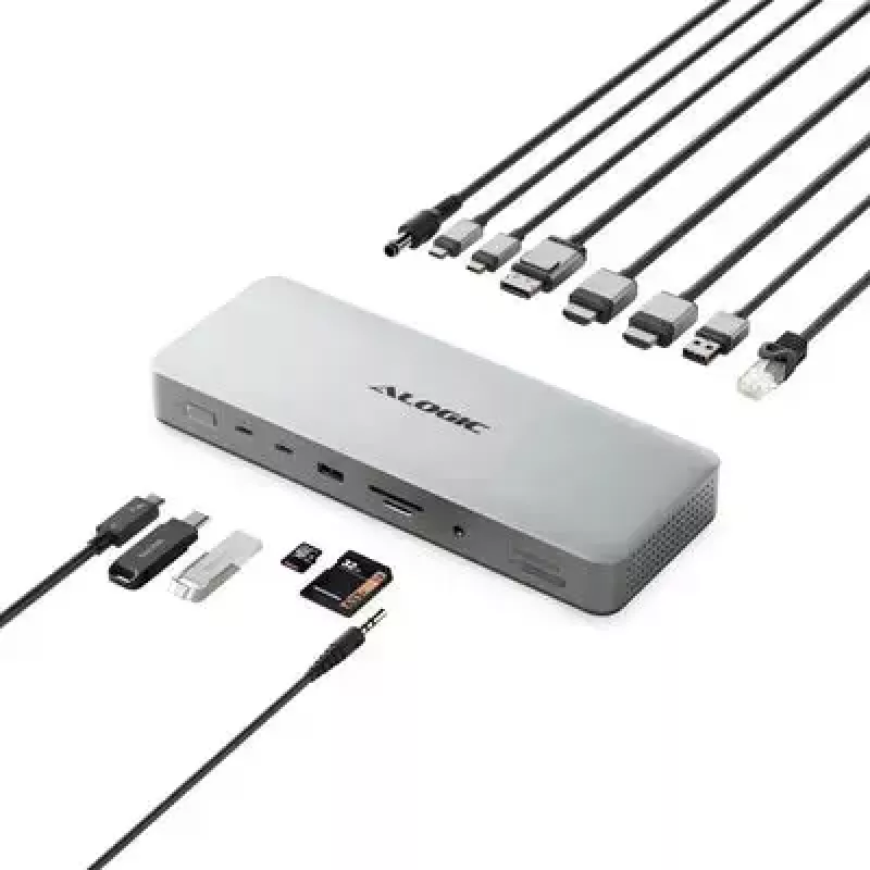 Dock para portátil / replicador de puertos ALOGIC TB4DU4 — Thunderbolt con cable, 96 W, lector de tarjetas SD/microSD, 3,5 mm, aluminio/ABS