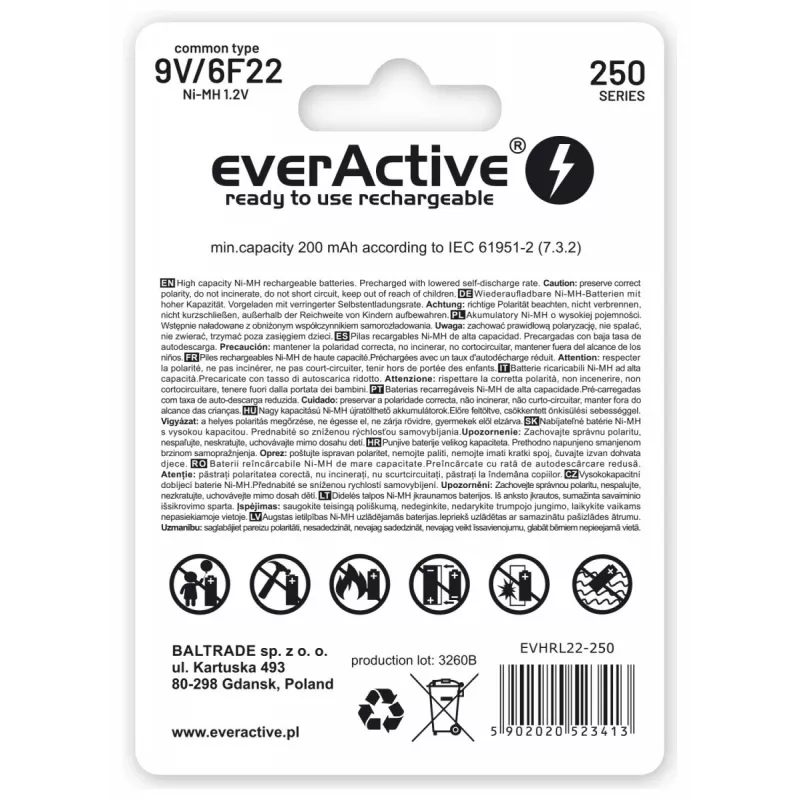 Pilas recargables everActive Ni-MH 6F22 9V 250 mAh Silver Line