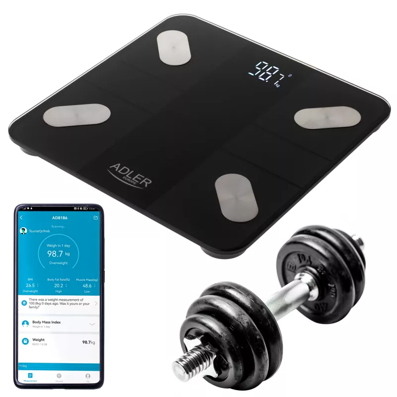 Báscula de baño inteligente Adler AD 8186b Apagado automático Análisis de grasa corporal Medición del índice de masa corporal (IMC) Análisis de masa ósea Peso máximo (capacidad) 180 kg Función de memoria Varios us