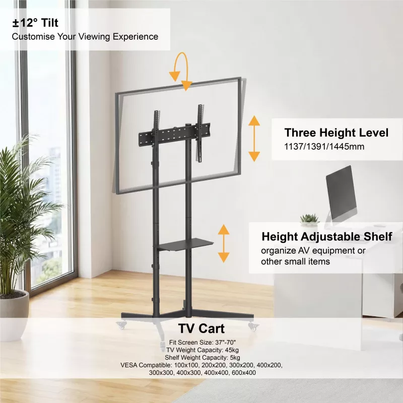 GEMBIRD Soporte de TV móvil con ruedas y ajuste de inclinación 37 – 70 pulgadas