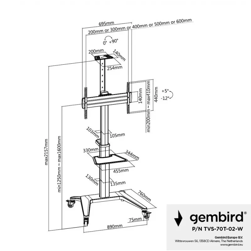 Soporte de TV de suelo 37-70/WEISS TVS-70T-02-W Gembird