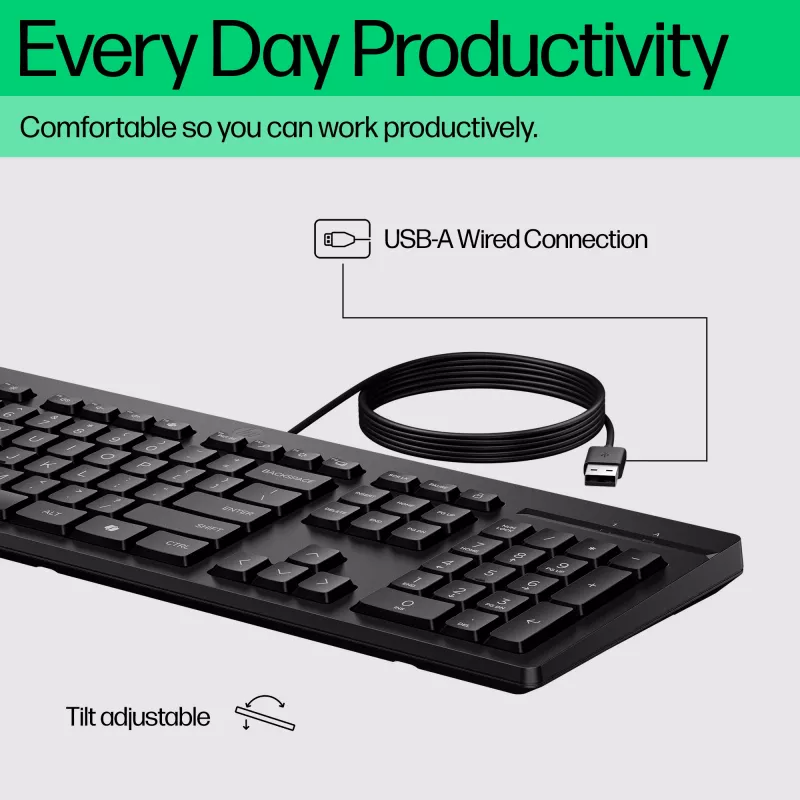 Teclado con cable HP 125 de HP, modelo AY2Y7AA — diseño sencillo con cable, conexión USB