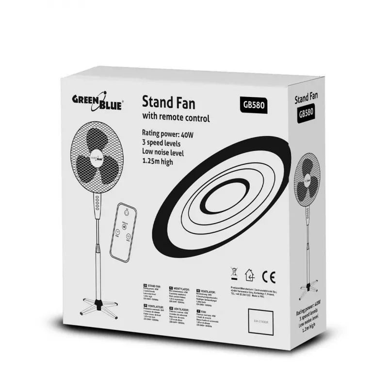 GreenBlue ventilador de pie, 40 W, 3 niveles de flujo de aire, 1,25 m de altura, 1,5 m de cable, con mando a distancia y temporizador hasta 7,5 h, GB580