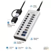 Hub USB3.2 Gen1 10 puertos USB-A/C, interruptor de encendido/apagado