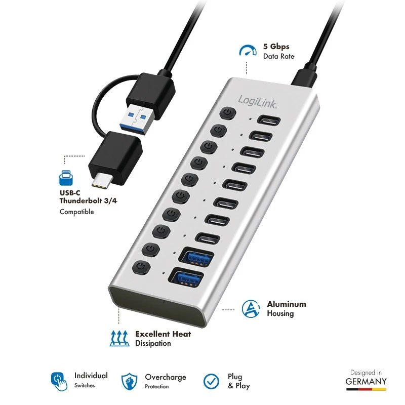 Hub USB3.2 Gen1 10 puertos USB-A/C, interruptor de encendido/apagado