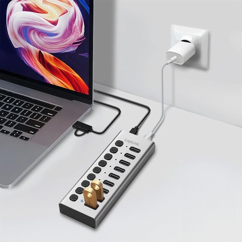 Hub USB3.2 Gen1 10 puertos USB-A/C, interruptor de encendido/apagado