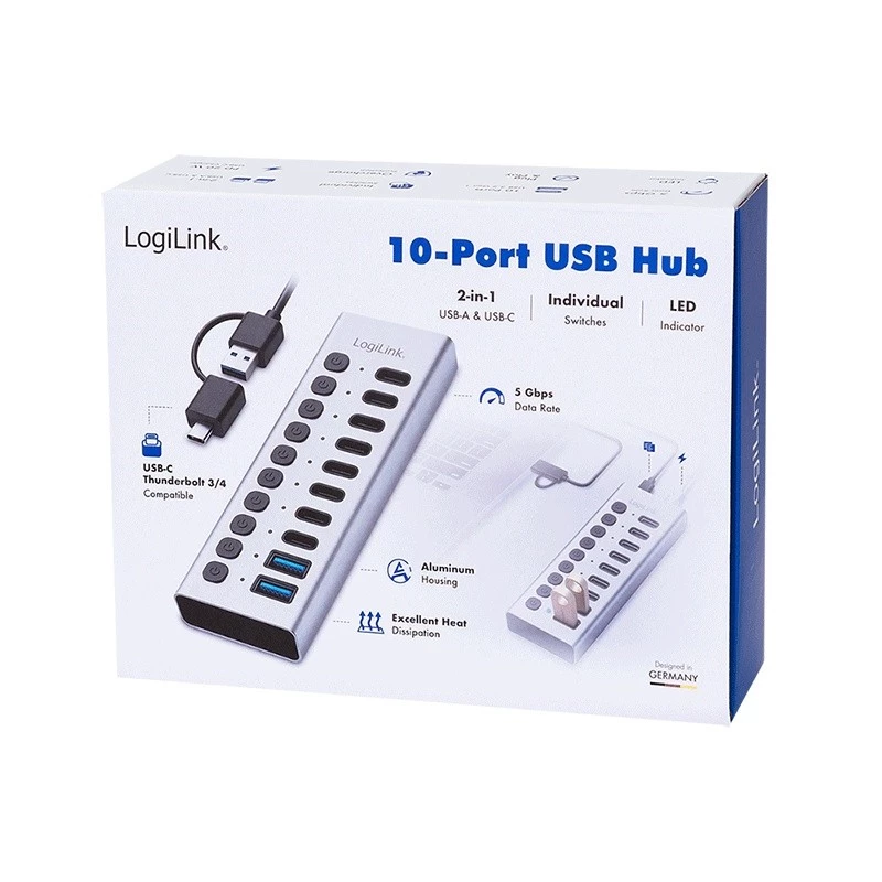 Hub USB3.2 Gen1 10 puertos USB-A/C, interruptor de encendido/apagado
