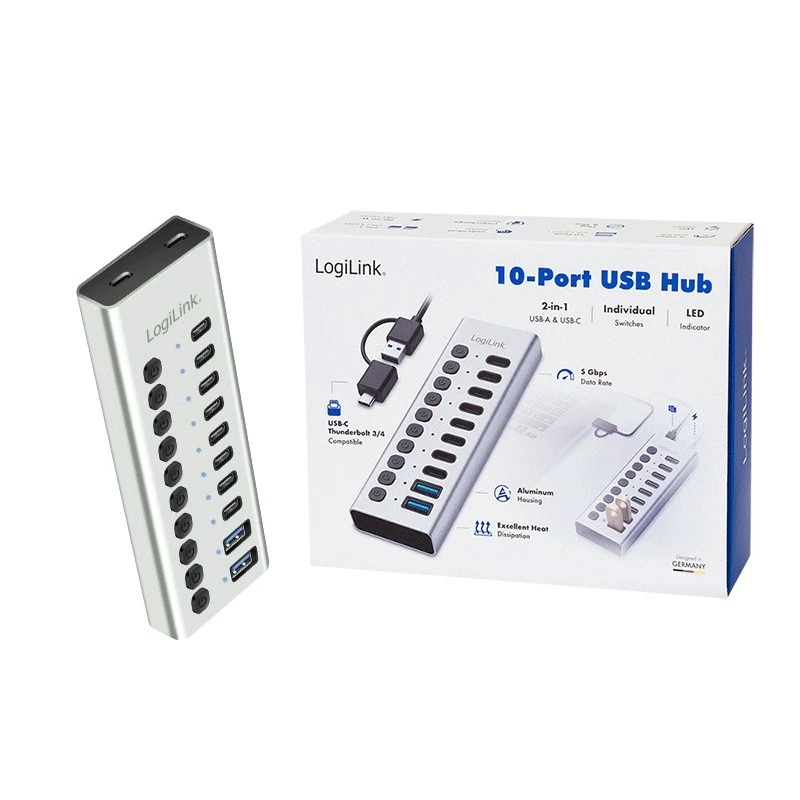 Hub USB3.2 Gen1 10 puertos USB-A/C, interruptor de encendido/apagado